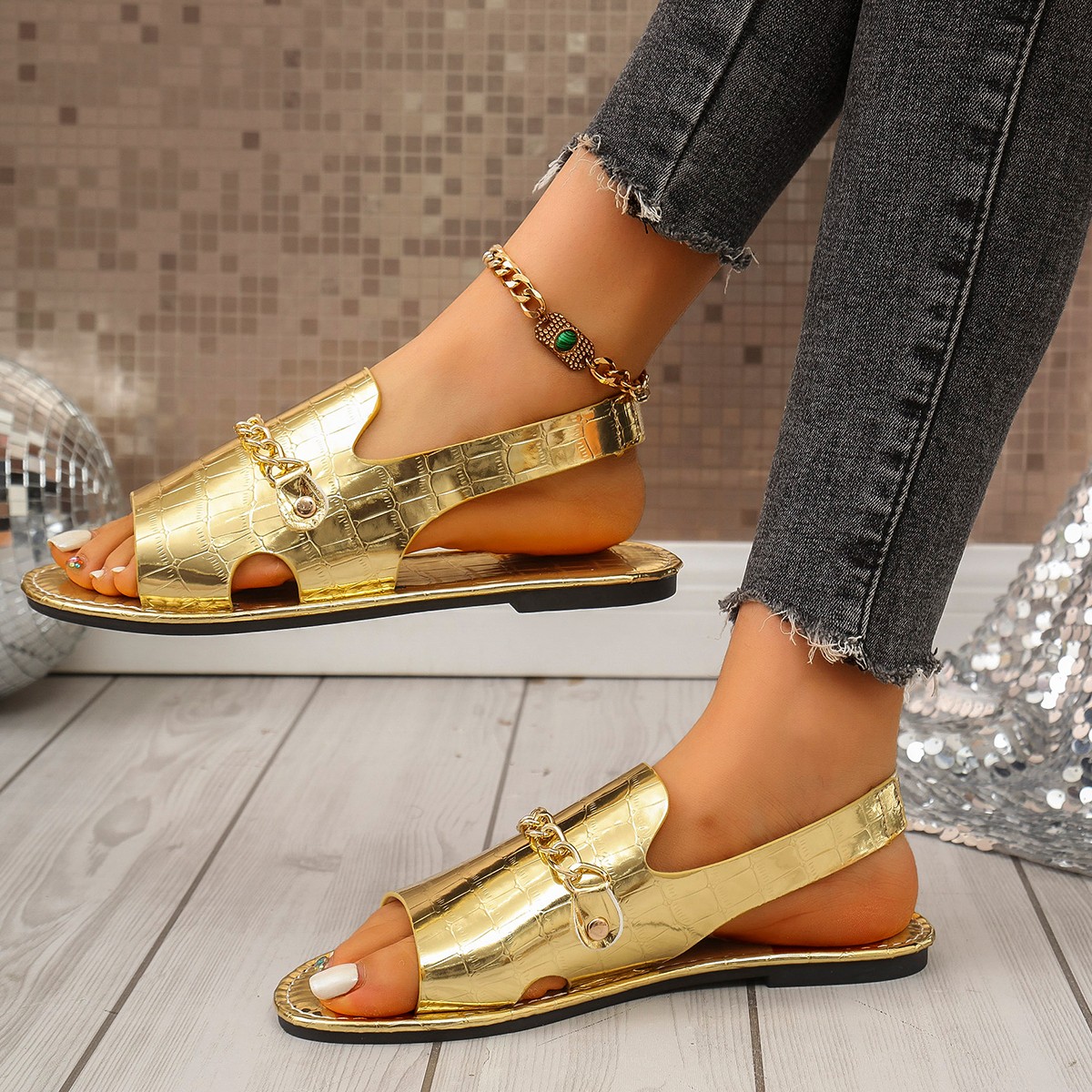 Gold Croc Print Chain Slingbac - Gold Chain Sandal ulasan dan harga